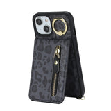 1 x RAW Customer Returns  iPhone 14 Plus Case with Strap RFID Card Holder Mobile Phone Case iPhone 14 Plus with Zipper Strap Ring Stand Case for Women - Black Leopard Print - RRP €15.89