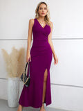 1 x RAW Customer Returns Laughido Elegant Cocktail Dress Maxi Dress Festive Party Dress Women s Summer Dress Wrap Dress Bodycon Long Wedding Evening Dresses Purple, Small  - RRP €48.99