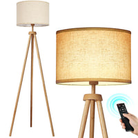 1 x RAW Customer Returns OUTON LED floor lamp dimmable tripod wood with remote control, 4 color temperatures adjustable, 1H timer, tripod floor lamp with beige lampshade for living room, bedroom, office, oak - RRP €79.99