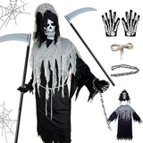 1 x Brand New BARVERE Grim Reaper Costume, Soul Taker Set with Sickle, Belt, Gloves, Cape with Hood and Chain, Death Costume Men for Your Halloween Carnival Mardi Gras Cosplay Party - L - RRP €19.98