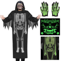 4 x Brand New TOPJOWGA Halloween Skeleton Costume, Glow In The Dark Grim Reaper Costume Children Adults, Halloween Grim Reaper Costume, Face Tattoos, Gloves, Children s Skeleton Costume for Halloween Carnival - RRP €82.56