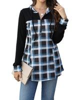 1 x RAW Customer Returns POMTIMCO V-neck women s sweater elegant long-sleeved hoodie tops blue-black checked, L  - RRP €30.24