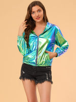 1 x RAW Customer Returns Allegra K Women s Blouse Long Sleeve Metallic Jacket Holographic Party Zipper Hooded Jacket Blue Green M - RRP €54.44