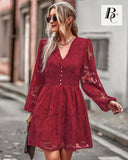 1 x Brand New BebreezChic Women s Long Sleeve Elegant V-Neck Solid Color Floral High Waist Pleated Casual Dress Spring Summer 2023 Red M - RRP €40.33