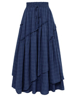 1 x Brand New Women s Victorian Skirt Elastic Waist Drawstring Casual Christmas Skirt Dark Blue Check S - RRP €45.76