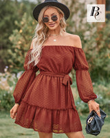 1 x RAW Customer Returns BebreezChic Women s Elegant Long Sleeve Off Shoulder Plain Swiss Dot Airy Summer Dress Mini Dresses Party Dress Beach Dress with Belt, Red-Orange S - RRP €35.42