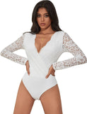 1 x RAW Customer Returns comeondear Sexy Bodysuit for Women Large Sizes Long Sleeve Tops Lace V-Neck Jumpsuit Bodysuit Curvy Lace Body Elegant Blouse Body Traditional Body Party Outfit Tops with Buttons White, XL  - RRP €28.99