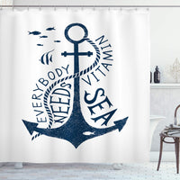 1 x RAW Customer Returns ABAKUHAUS Anchor Shower Curtain, Sea Words Monochrome, Textile Bathroom Decoration Set with Hooks, 70 x 71 , Dark Blue and White - RRP €32.99