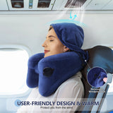 1 x RAW Customer Returns Sunany Neck Pillow Inflatable Travel Pillow Comfortably Supports Head, Neck and Chin, Airplane Pillow with Soft Velor Cover, Hat, Portable Drawstring, 3D Eye Mask and Earplugs Blue  - RRP €29.23