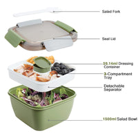 2 x RAW Customer Returns Greentainer Lunchbox Leak-proof Bento Box with 1 fork, 1500 ml salad container with dressing container, 3 compartments salad box-to-go for school, work, picnic, travel, camping Fresh seal - RRP €28.22