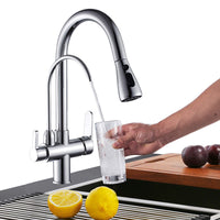 1 x RAW Customer Returns Onyzpily Chrome Pure Water Kitchen Faucet with Pull Out Double Handle Hot and Cold Drinking Water 3 Way Filter Kitchen Mixer Taps - RRP €75.64