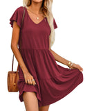 1 x RAW Customer Returns Hotouch Beach Dress Women Solid Color Summer Dresses Casual Short Sleeve Dresses V-Neck Ruffles Knee-Length Dress Loose Swing Women s Dress with Pockets Red Wine XXL - RRP €28.22