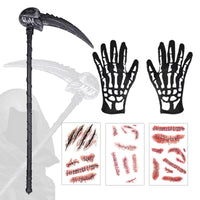 12 x Brand New BARVERE Scythe Halloween, Halloween Grim Reaper Scythe Set with 2 Skull Gloves and 3 Halloween Tattoo Scars and Wounds, Halloween Costume for Death Scythe Cosplay, Horror Sickle Grim Reaper - RRP €203.76