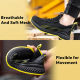 1 x RAW Customer Returns SPIEZ unisex safety shoes with steel toe cap, puncture-proof lightweight work shoes for men and women, breathable fashionable sneakers for work and everyday life EU43, black yellow - RRP €39.99