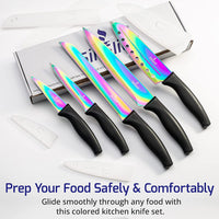 1 x RAW Customer Returns SiliSlick knife set, 5 sharp kitchen knives as a set for cooking, high-quality stainless steel blades, titanium coating with rainbow effect, ergonomic handles, black handle - RRP €24.2