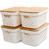 1 x RAW Customer Returns Kerhouze set of 4 storage boxes with bamboo lids, bathroom plastic storage baskets, for organizing storage box with handle for shelves kitchen, white, stackable, 26.2 x 17.3 x 13.4 cm - RRP €32.71