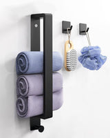 1 x RAW Customer Returns Bathroom Towel Holder Adhesive Towel Holder Black Wall Mounted Bathroom Towel Holder with Hooks for Bathroom and Kitchen 40cm  - RRP €22.8