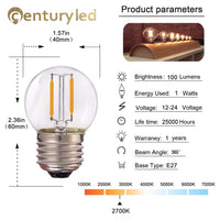 1 x RAW Customer Returns Grensk Century Light - AC DC 12V - 24V LED Low Voltage, G40 Edison LED Filament Mini Globe Light Bulb, 1W Equivalent to 10 Watt Incandescent Bulb - E27 Screw Base Warm White 2700K Not Dimmable -6Pack - RRP €16.8