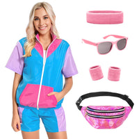 1 x RAW Customer Returns 80s outfit women, 6Pcs 90s costume short sleeve tracksuit women retro, 80s 90s suit with belt bag headband bracelets glasses for carnival party style 2, M  - RRP €22.18