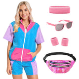 1 x Brand New 80s Outfit Women, 6 Pieces 90s Costume Short Sleeve Tracksuit Women s Retro 80s 90s Suit with Belt Bag Headband Bracelets Glasses for Carnival Party Style 2, 2XL  - RRP €22.18