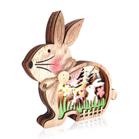 1 x Brand New Easter Wooden Bunny with Light, 3D Wooden Rabbit Sculpture, Battery Operated, Wooden Flower Rabbit LED Ornaments, Easter Wooden Lighted Table Decorations Party Gifts - RRP €19.2