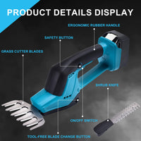 1 x RAW Customer Returns 2-in-1 cordless hedge trimmer grass shear, electric shrub shear compatible with Makita 18V battery, hand-held lawn shear with 2 attachment blades for trimming shrubs and grass - RRP €53.54