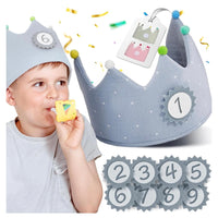 1 x RAW Customer Returns NeLi Birthday Crown Children s Birthday Made of Muslin with Numbers 1-9 for Boys Girls Fabric Crown in Three Colors Blue Grey  - RRP €16.03