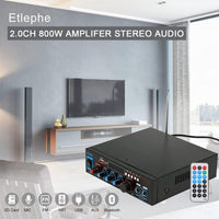 1 x RAW Customer Returns Etlephe Audio Amplifier, 800W Hi-Fi Amplifier, Bluetooth 5.0 Stereo Amplifier, 12V 220V, FM Radio Portable SD Card USB Input FM Radio for Home or Car - RRP €39.99