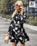 1 x RAW Customer Returns BebreezChic Women s Dresses Floral Turtleneck Long Sleeve Autumn Dress Loose Empire Waist Pleated A-Line Mini Dresses Elegant Party Dress Beach Dress Cocktail Dress Black XL - RRP €30.13