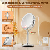 1 x RAW Customer Returns Gospire Rechargeable Cosmetic Mirror with Light, 1X 10X Magnification, 3 Colors Dimmable Height Adjustable 7 Makeup Mirror, 360 Swivel Double-Sided LED Makeup Mirror, Chrome - RRP €40.33