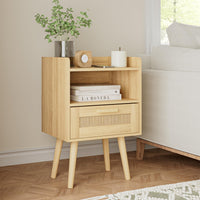 1 x RAW Customer Returns HEYZOEY Rattan Bedside Table, Side Table with Drawer, Nightstand with Wooden Legs for Bedroom, Living Room, Natural Oak Yellow  - RRP €69.99