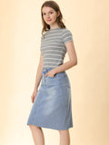 1 x RAW Customer Returns Allegra K Women s High Waist Denim Skirt Pockets Knee Length Jeans Skirt Midi Skirt Light Blue L - RRP €50.41