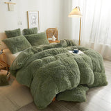 1 x RAW Customer Returns Michorinee plush bed linen 135x200 4-piece winter fluffy warm duvet cover fleece long hair faux fur plush bed linen set zip - 2 x 135 x 200 2 x 80 x 80 cm sage green - RRP €80.66