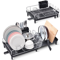 1 x RAW Customer Returns APEXCHASER Dish Drainer, Expandable Dish Rack, Foldable Stainless Steel Dish Drainer with Removable Cutlery Holder, Scratch-Resistant Plate Rack and Swivel Drainage Spout, Black - RRP €43.67