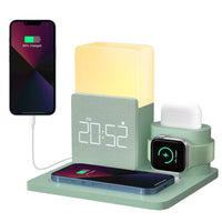 1 x RAW Customer Returns 6 in 1 Wireless Charging Station with Night Light and Alarm Clock, ICARERSPACE 10W Qi Certified Compatible with iPhone Samsung, Wired Charging Box for Apple Watch Smart Watch Airpods Green - RRP €41.1