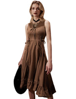 1 x RAW Customer Returns SCARLET DARKNESS Vintage Gothic Women s Renaissance Dress Sleeveless V-Neck with Ribbons Retro Ball Gowns Golden Brown S - RRP €38.99