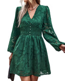 1 x RAW Customer Returns BebreezChic Dress Women Long Sleeve Elegant V-Neck Mini Dress Solid Color Flowers High Waist Pleated Party Dress Casual for Spring Summer 2023, Green S - RRP €39.31