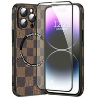 1 x RAW Customer Returns SIFANGDA High Quality Leather Case for iPhone 15 Pro Max, Compatible with Magsafe, with Camera Protector, Screen Protector, Checkered Pattern Light Luxury Style 2024 - Brown Black - RRP €26.7