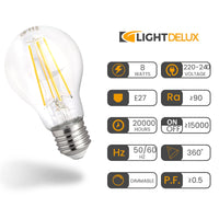 8 x Brand New LIGHTDELUX LED bulb, Edison base E27, 8 W, dimmable, clear filament, warm white, 4 pieces per package - RRP €200.8