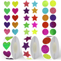 3 x Brand New Loscrew 500Pcs Foil Star Stickers and 500Pcs Heart Shaped Stickers and 500Pcs Glitter Round Stickers, 1 Inch Self Adhesive Foil Shiny Colorful Stickers for Reward Decoration - RRP €61.2