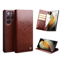 1 x RAW Customer Returns qichenlu Robust cowhide retro brown genuine leather folding case for Galaxy S23 Ultra, certified genuine leather cell phone case with card slot stand, book flip cover wallet case for Samsung Galaxy S23 Ultra - RRP €35.92