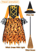 1 x RAW Customer Returns Geplaimir Witch Costume Children s Witch Costume Girls Carnival Wizard Costume with Light Witch Dress with Witch Hat Witch Broom Luminous Witcher Costume Outfit Set for Carnival Halloween G074S - RRP €29.99