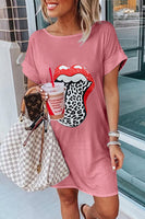 1 x RAW Customer Returns Uusollecy Summer Dress Women s T-Shirt Dresses Round Neck Short Sleeve Mini Dress Leopard Lip Printed Casual Dress Blouse Dress Pink XL - RRP €27.99