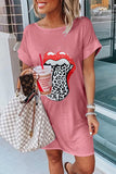 1 x RAW Customer Returns Uusollecy Summer Dress Women s T-Shirt Dresses Round Neck Short Sleeve Mini Dress Leopard Lip Printed Casual Dress Blouse Dress Pink XL - RRP €27.99