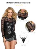 1 x RAW Customer Returns ohmydear women s leather dress long-sleeved mini dress wetlook PU leather lingerie plus size party dress clubwear nightwear elegant bodysuit with G-string - RRP €22.99