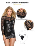 1 x RAW Customer Returns ohmydear women s leather dress long-sleeved mini dress wetlook PU leather lingerie plus size party dress clubwear nightwear elegant bodysuit with G-string - RRP €23.99