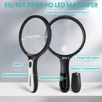 1 x RAW Customer Returns Magnifying Glass with Light, Large Magnifying Glass 5X 15X Handheld Magnifying Glass Reading Magnifier Illuminated Magnifying Glass with 4 LED Lights Storage Bag Clean Cloth  - RRP €16.13