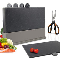 1 x RAW Customer Returns Masthome Index Cutting Board Set, Plastic Cutting Boards with Storage Stand, 4 Pieces Cutting Boards, BPA Free, Dishwasher Safe Kitchen Cutting Boards, Includes 1 Pair of Scissors - RRP €28.93