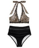 1 x RAW Customer Returns RXRXCOCO Women s Mesh Halter Backless Tummy Control High Waist Bikini Set Push Up Sexy V Neck Two Piece Swimsuits Swimwear Leopard Size L - RRP €40.99