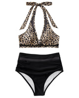 1 x RAW Customer Returns RXRXCOCO Women s Mesh Halter Neck Backless Tummy Control High Waist Bikini Set Push Up Sexy V Neck Two Piece Swimsuits Swimwear Leopard Size L - RRP €40.99